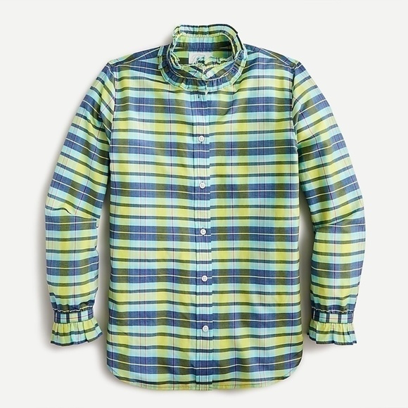 J. Crew Classic-fit silk-cotton voile ruffleneck shirt in spring plaid - Picture 8 of 8